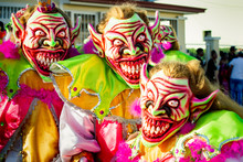 Closeup Men In Pied Scary Clowns Costumes Pose For Photo At Dominican Carnival