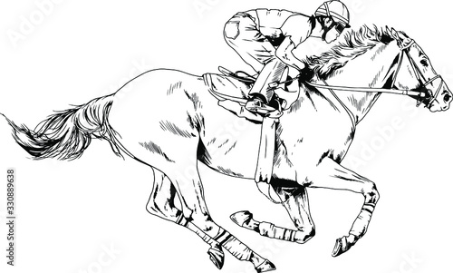 Fotografía jockey on a galloping horse painted with ink by hand