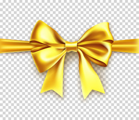 Wall Mural - Golden gift bow from satin tape isolated on transparent background. Realistic decoration for any holidays presents. Christmas and new year realistic object from shiny silk vector illustration.