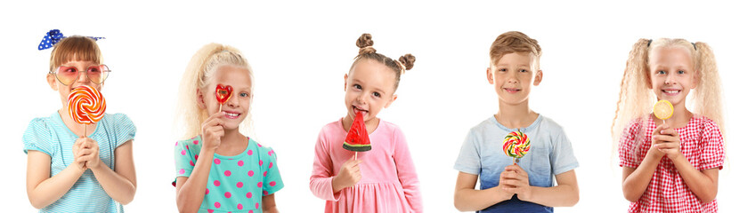 Wall Mural - Cute little girl with lollipop on white background