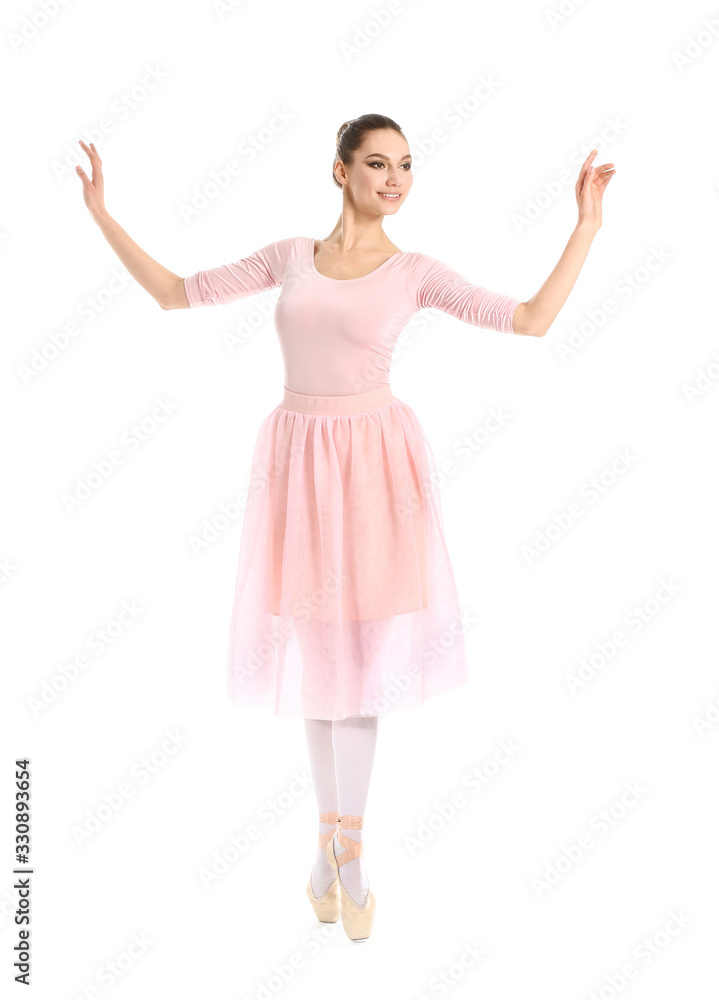 Beautiful young ballerina on white background