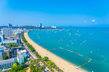 Beautiful tropical beach sea ocean bay and architecture building in Pattaya city Thailand