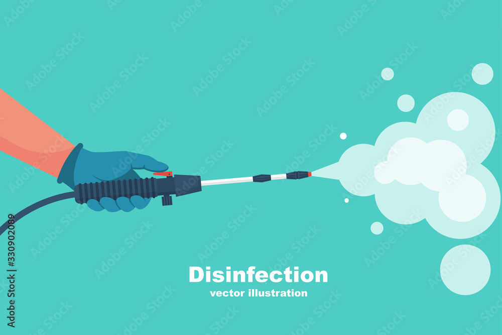 Prevention concept. Disinfection and cleaning. A man in chemical protection disinfects. Methods of controlling the epidemic of coronavirus. Vector illustration flat design. Cleaner in the hand. - obrazy, fototapety, plakaty 