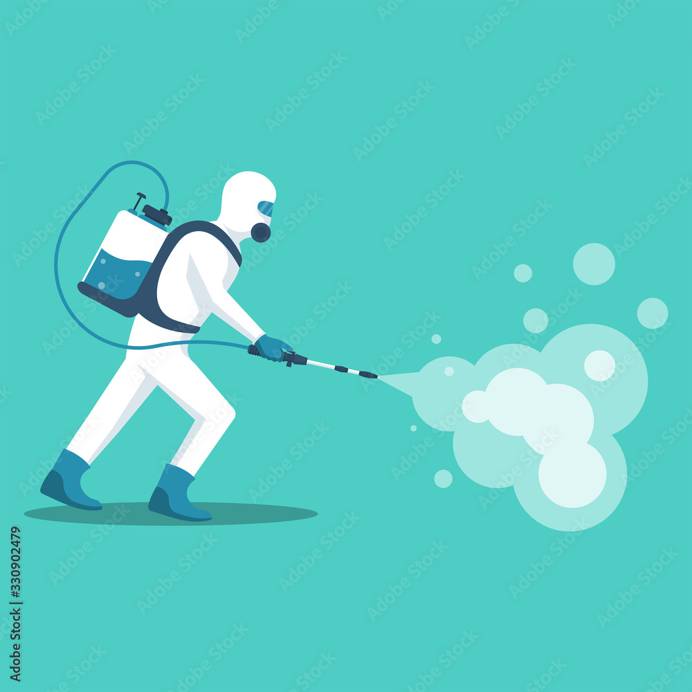 Man in hazmat. Protective suit, gas mask and gas cylinder for disinfection coronavirus. Toxic and chemicals protection. Spraying pesticides. Biological precaution. Vector illustration flat design. - obrazy, fototapety, plakaty 
