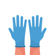 Hands Putting On Protective Blue Gloves. Latex Gloves As A Symbol Of Protection Against Viruses And Bacteria. Precaution Icon. Vector Illustration Flat Design. Isolated On White Background.