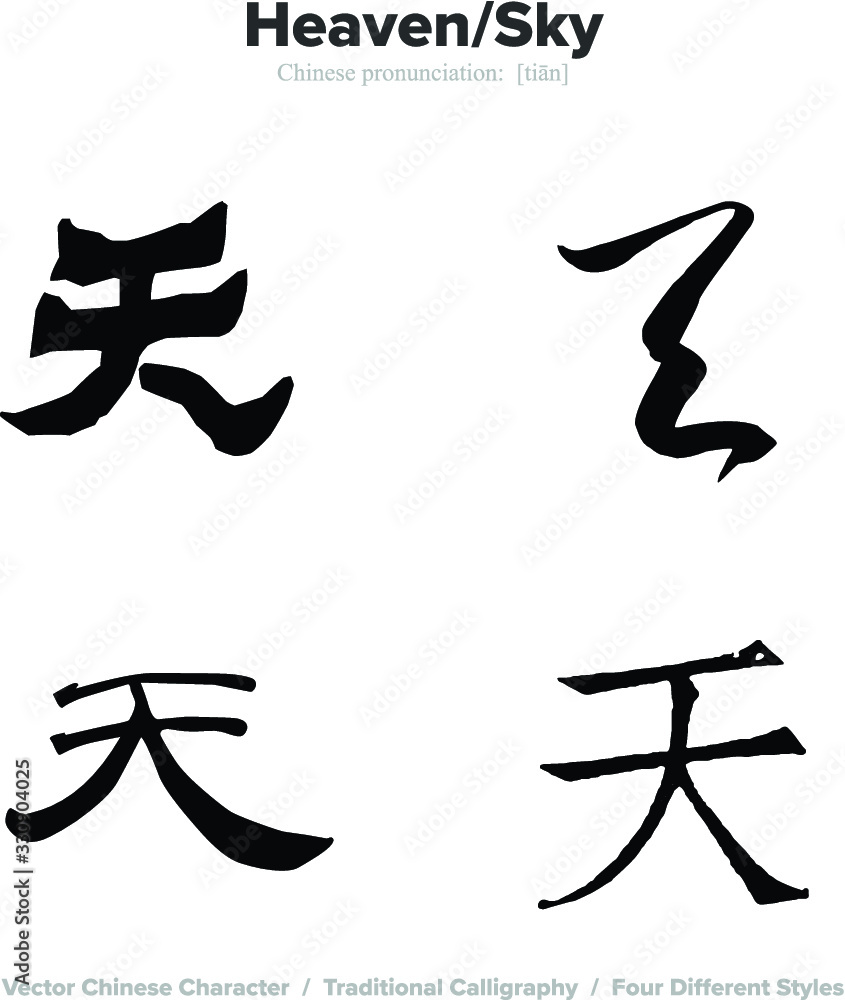 sky, heaven - Chinese Calligraphy with translation, 4 styles Stock ...