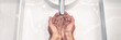 © Maridav - COVID-19 Coronavirus prevention washing hands with soap at bathroom sink man hand hygiene for corona virus pandemic precaution by washing hands frequently for 20 seconds. Panoramic banner.