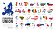 © stockdevil - European union . EU . Set of flat design country map and national flag of member with shadow . White isolated background . Vector .