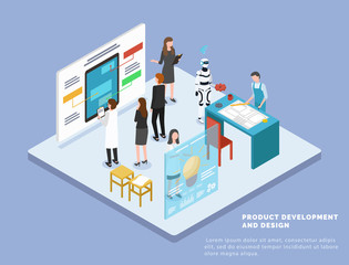Wall Mural - product development and web design. manufacturing and machinery in room. people working on engineeri