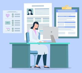 Doctor work on computer at hospital. Woman look at patient medical history, cards. Practitioner identify diseases and prescribe treatment. Notepad with health insurance map. Vector illustration