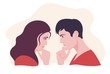 Female and male face looking each other and thinking vector flat illustration. Visual contact of suspicious man and woman isolated on white background. Pensive cartoon people contemplating