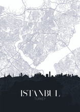 Skyline And City Map Of Istanbul, Detailed Urban Plan Vector Print Poster