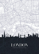 Skyline And City Map Of London, Detailed Urban Plan Vector Print Poster