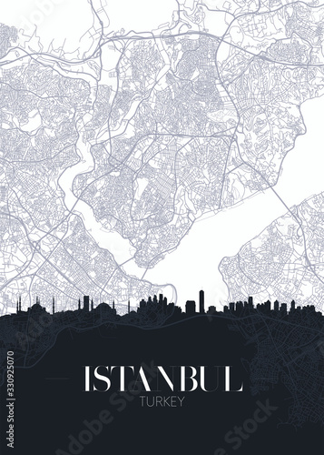 Fotomural Skyline and city map of Istanbul, detailed urban plan vector print poster