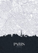 Skyline and city map of Paris, detailed urban plan vector print poster