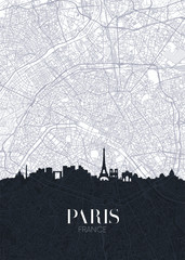 Wall Mural - Skyline and city map of Paris, detailed urban plan vector print poster