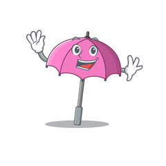 Poster - Smiley pink umbrella cartoon mascot design with waving hand