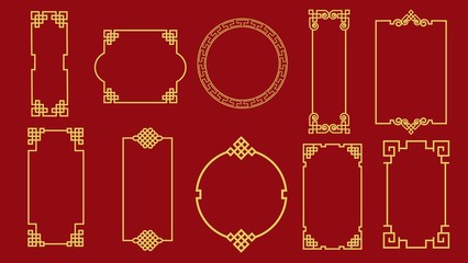 set of various traditional golden china frame isolated on red background. collection of different ch