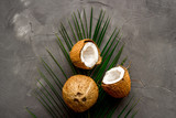 Fototapeta Koty - Coconuts and leaves - tropical still life on grey background top-down