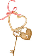 Watercolor Illustration Of A Golden Key And Lock Hanging On The Heart-shaped Ring With A Red Bow.
