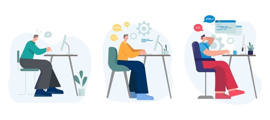 Set of various male cartoon programmer working on computer at workplace. Collection of colored man at desk in modern office vector flat illustration. Programming skills infographic concept isolated