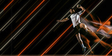 Creative Sport And Neon Lines On Dark Background, Flyer, Proposal. Male Handball Player Training In Action And Motion. Concept Of Hobby, Healthy Lifestyle, Youth, Action, Movement, Modern Style.