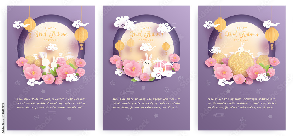 Happy Mid Autumn festival with beautiful lotus and bunny, full moon ...