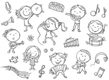 Kids With Different Musical Instruments, Playing Music And Singing