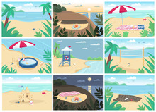 Tropical Sand Beach And Sea Flat Color Vector Illustrations Set. Blanket With Sun Umbrella, Inflatable Pool, Lifeguard Tower. Seascape, Exotic Peaceful Nature. Seashore 2D Cartoon Landscapes