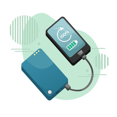 The phone is charged from the power bank. Battery. Vector illustration.