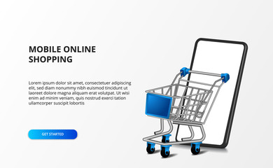 Wall Mural - 3d isometric illustration trolley with smartphone. Online store shopping and e commerce concept.