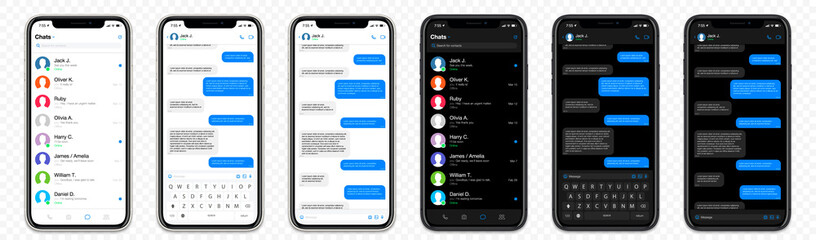 Wall Mural - Realistic Mockup app messenger on the screen smartphone in white and black color concept on a transparent background for your design. Social / UI / UX design. Vector illustration.