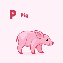 Cartoon Pig, Cute Character For Children. Vector Illustration In Cartoon Style For Abc Book, Poster, Postcard. Animal Alphabet - Letter P.