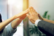 © Chinnachote - handshake.Teamwork Successful Concept.business team stacking hands for successful business in office.Group of happy business hand stack in office.