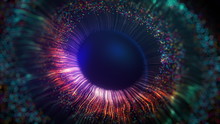 Human Multicolored Iris Of The Eye Animation Concept. Rainbow Lines After A Flash Scatter Out Of A Bright White Circle And Forming Volumetric A Human Eye Iris And Pupil. 3d Rendering Background In 4K.