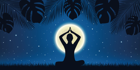 Wall Mural - person in meditation pose at night background with full moon and palm tree leaves vector illustration EPS10