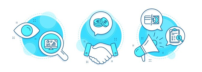 Wall Mural - analytics graph, payment methods and savings line icons set. handshake deal, research and promotion 