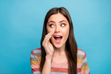 Poster - Close-up portrait of her she nice-looking lovely pretty curious girlish cheerful cheery girl saying good news isolated over bright vivid shine vibrant blue color background