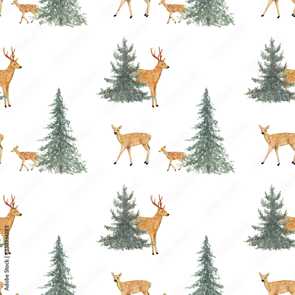 Watercolor hand drawn seamless pattern with spotted deers family in ...