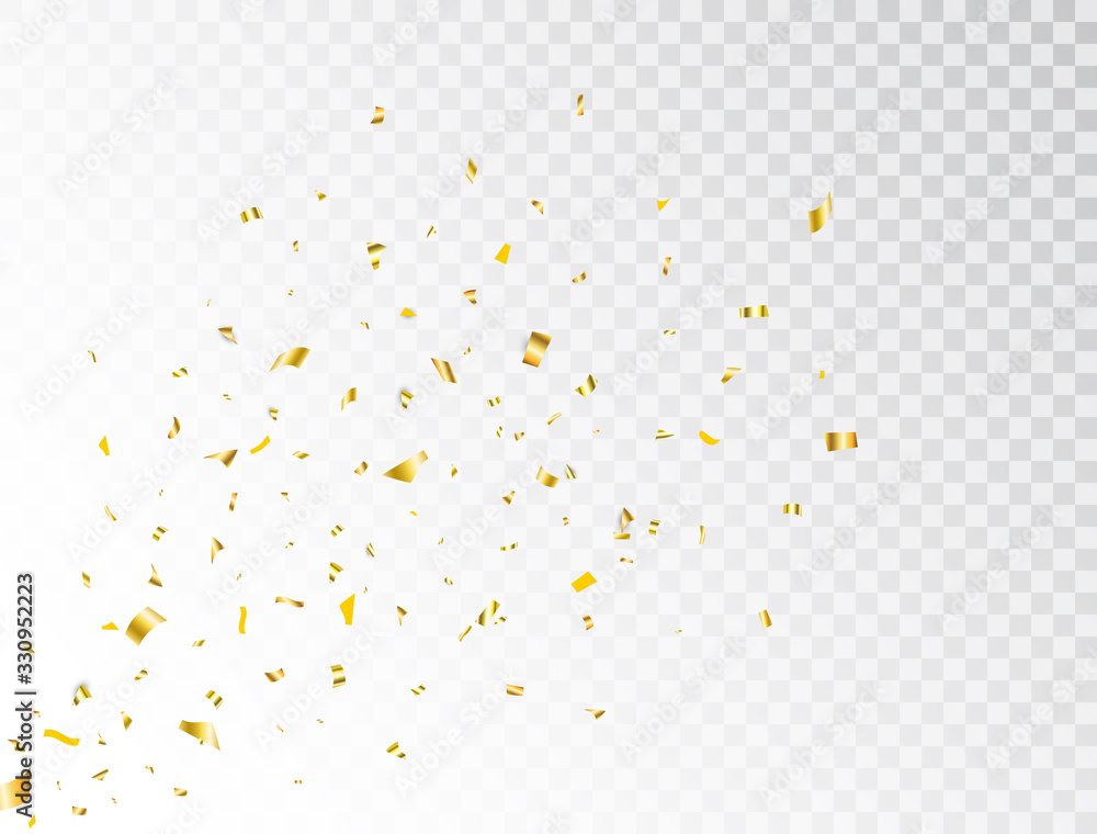 Confetti gold splash. Glitter golden confetti falling on transparent background. Party backdrop. Bright golden festive tinsel. Holiday design elements for web banner, poster, flyer, invitation. Vector - obrazy, fototapety, plakaty 