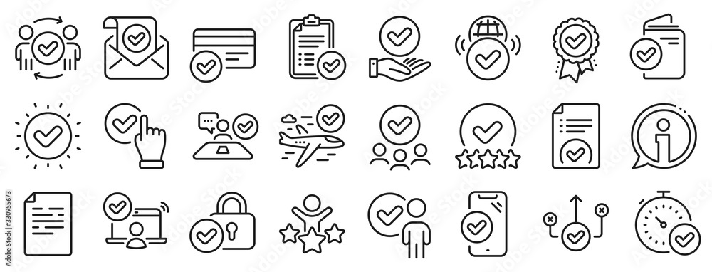Interviewed, accepted document, right choice. Approve line icons. Quality check, protection, checklist icons. Guarantee document, accepted card, approve verification. Flight confirmed. Vector - obrazy, fototapety, plakaty 