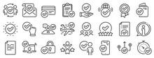 Interviewed, Accepted Document, Right Choice. Approve Line Icons. Quality Check, Protection, Checklist Icons. Guarantee Document, Accepted Card, Approve Verification. Flight Confirmed. Vector