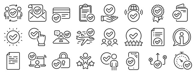Wall Mural - Interviewed, accepted document, right choice. Approve line icons. Quality check, protection, checklist icons. Guarantee document, accepted card, approve verification. Flight confirmed. Vector