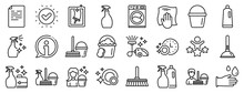 Laundry, Window Sponge And Vacuum Cleaner Icons. Cleaning Line Icons. Washing Machine, Housekeeping Service And Maid Cleaner Equipment. Window Cleaning, Wipe Off, Laundry Washing Machine. Vector