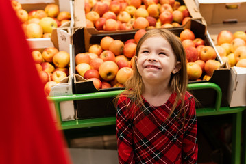 A little girl of about 5 threw a tantrum in a supermarket in front of her parents. The child screams and cries, begging sweets from mom and dad on the background of fruits and apples