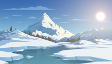 Winter Day Landscape With Mountains