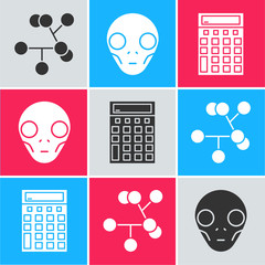 Sticker - Set Molecule, Extraterrestrial alien face and Calculator icon. Vector