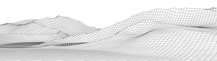 Vector wireframe 3d landscape. Technology grid illustration. Network of connected dots and lines. Futuristic background.