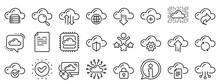 Set Of Hosting, Computing Data And File Storage Icons. Cloud Data And Technology Line Icons. Archive, Download, Share Cloud Files. Sync Technology, Web Server, Storage Access. Vector