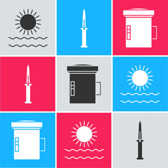 Canvas Print - Set Sun and waves, Army knife and Big flashlight for diver icon. Vector